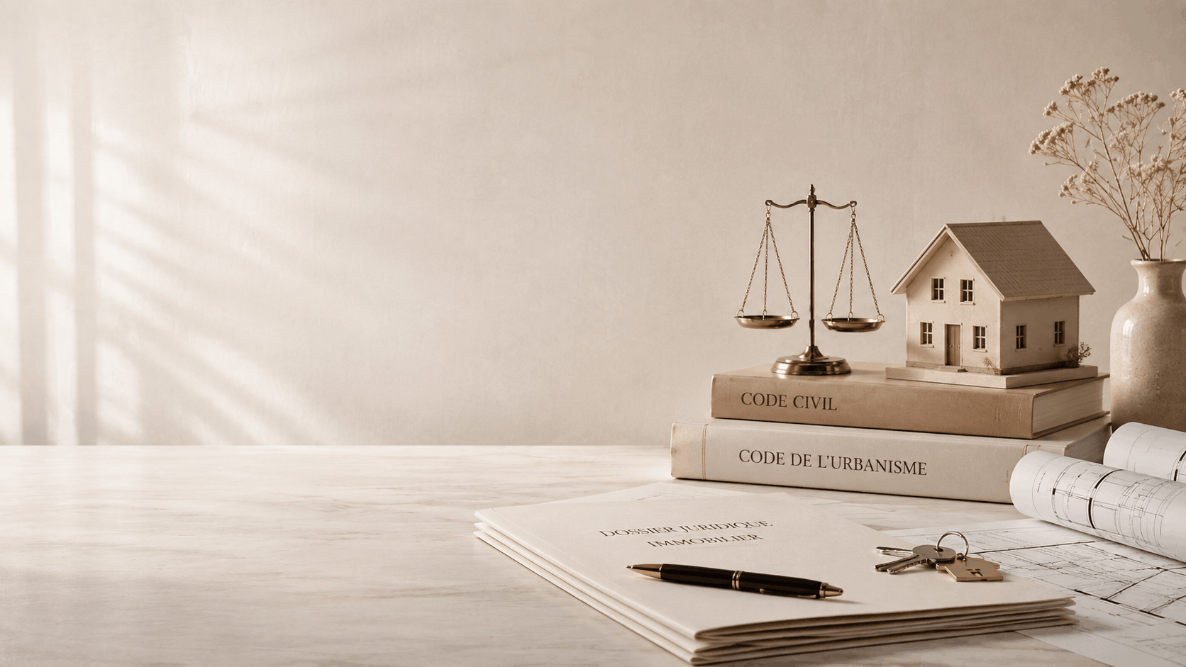 Image représentant un bureau de cabinet d'avocat, avec un stylo, contrat, des clés et une maquette de maison. 
