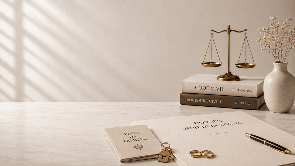 Bureau d'un avocat, avec des dossiers, des alliances, une balance, un pot de fleurs.