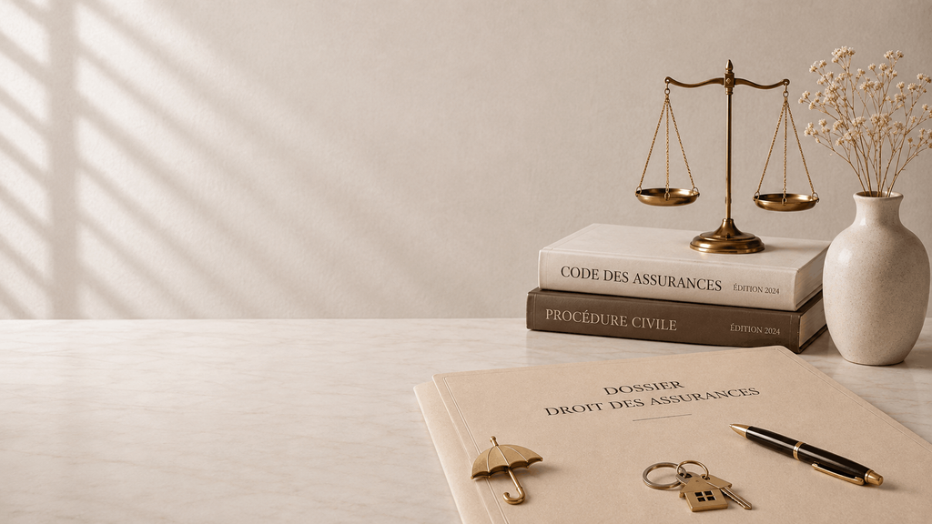 Bureau d'un avocat, avec des dossiers, des clés de maison et un petit parapluie, une balance, un pot de fleurs. 