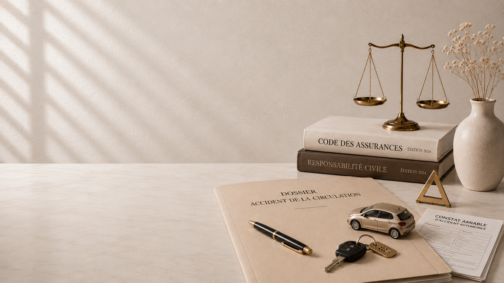 Bureau d'un avocat, avec des dossiers, des clés de voiture et une petite voiture, une balance, un pot de fleurs. 